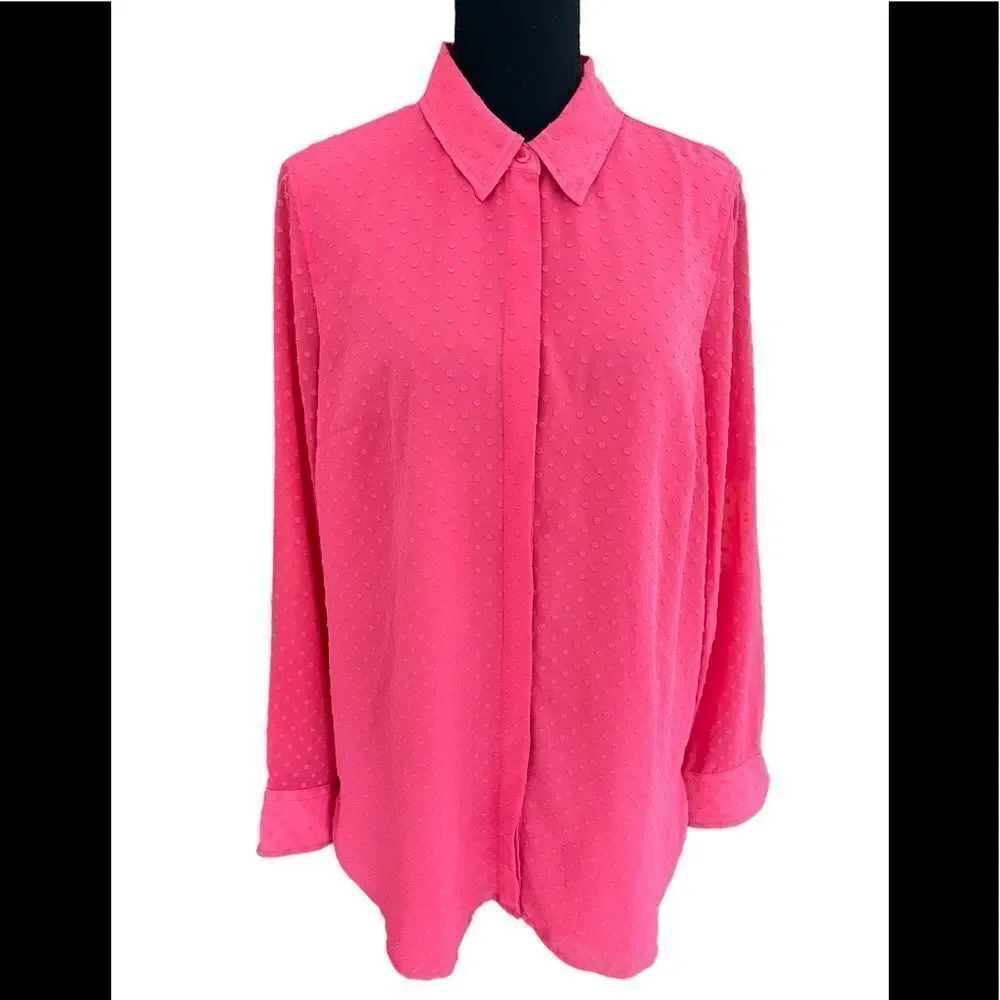 Talbots pink lined chenille dot long sleeved  blouse with button front size L
